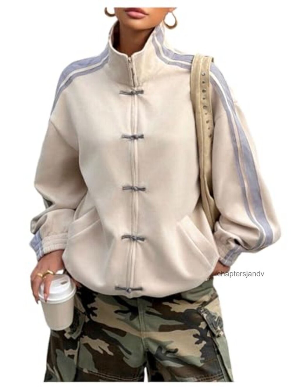 Faux Suede Zip Up Funnel Neck Chinese Frog Button Jacket
